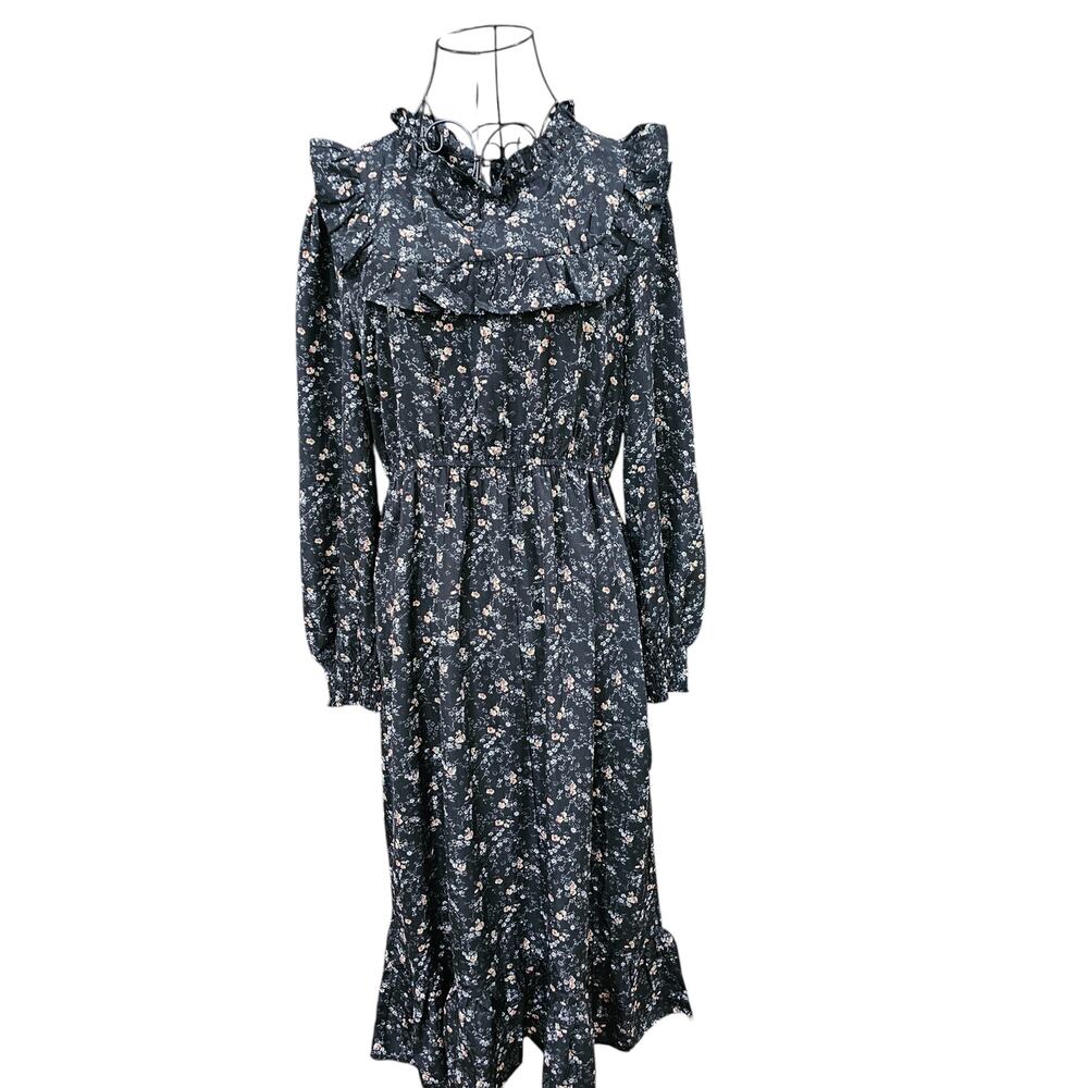 Hayden Black Floral boho dress Sz. M ruffle trim Cottage core Midi